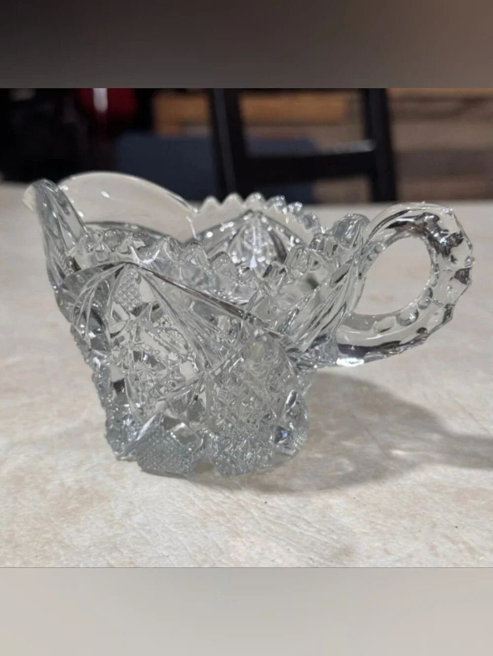 Vintage Imperial Clear Pressed Glass Creamer Flower design 5 1/2” X 31 /2”  X 3”